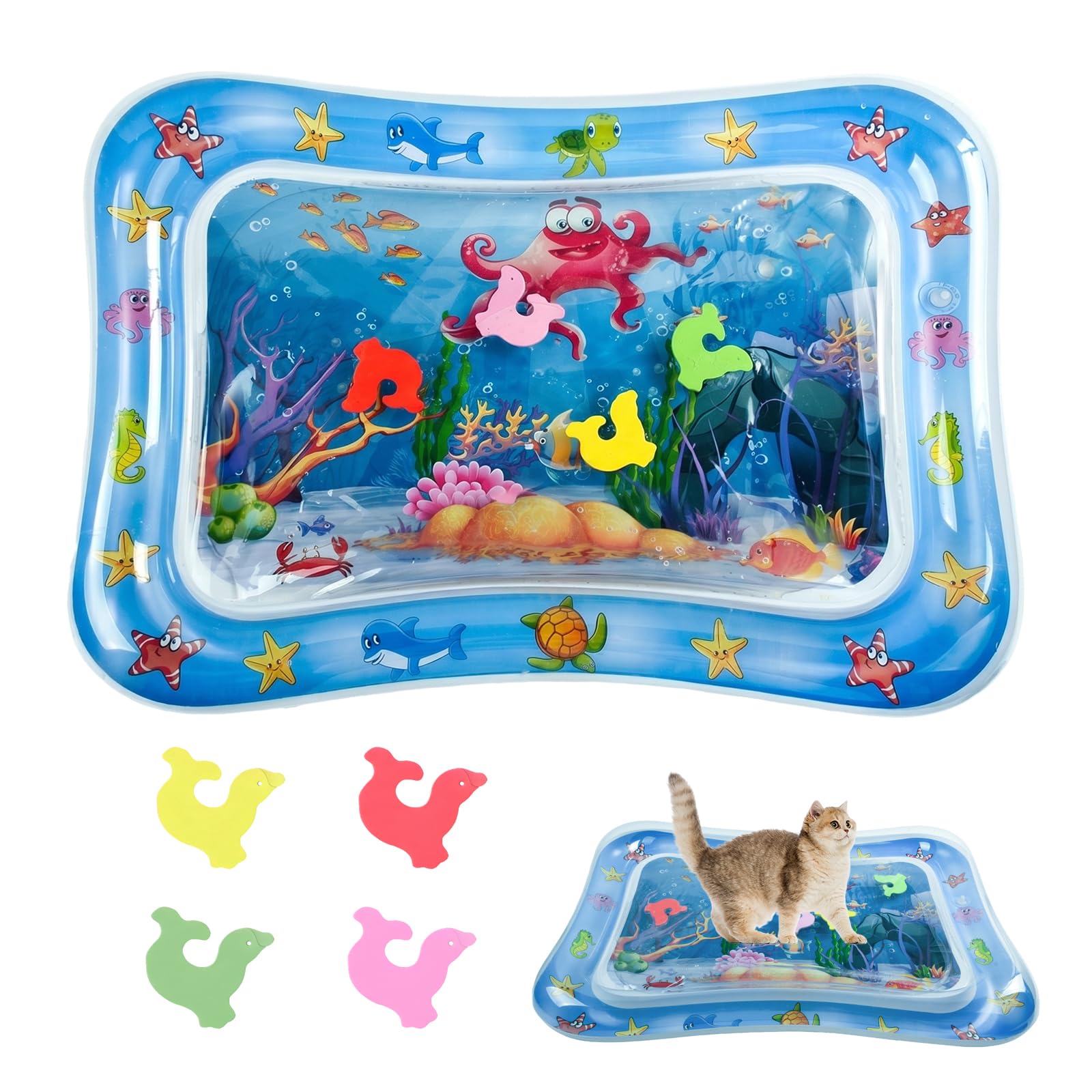 Tapis Eau Chat Tapis Jeu Chats Gonflable sur Le Thème de L'océan Été Tapi d'eau Sensoriel Interactif Anti-Rayures pour Chaton Chiens Animaux Intérieur et Extérieur