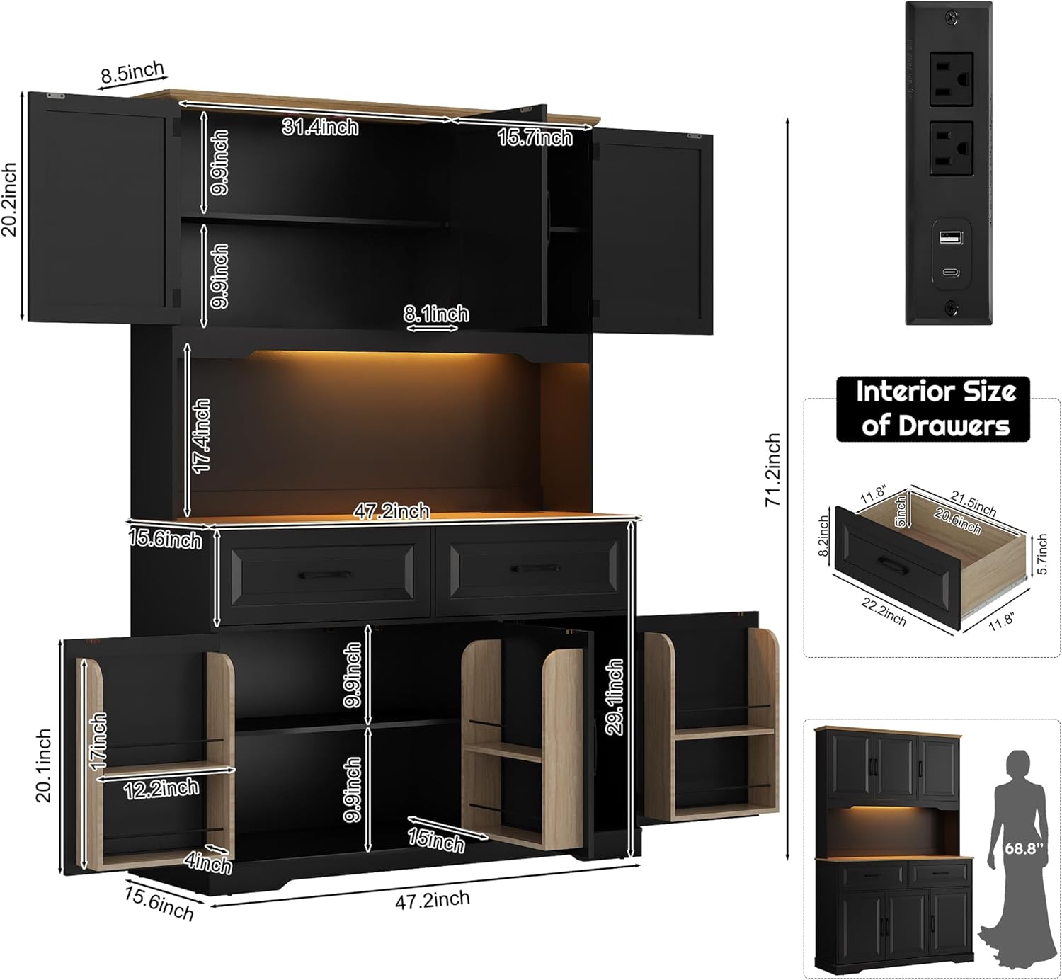 chartustriable 71" Tall 47" Wide Large Pantry Storage Cabinet w/Power Outlet,LED Light,Farmhouse Kitchen Hutch Food Pantry Cabinet,2 Drawer,8 Doors Shelves,Black