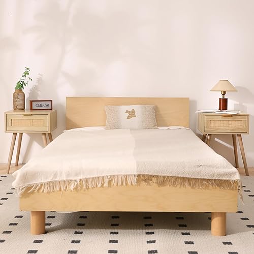 Miniatura 7 de LAZZO Juego de 2 mesitas de noche de madera para dormitorio, con cajón de tejido de ratán, mesa auxiliar para almacenamiento de dormitorio (juego de