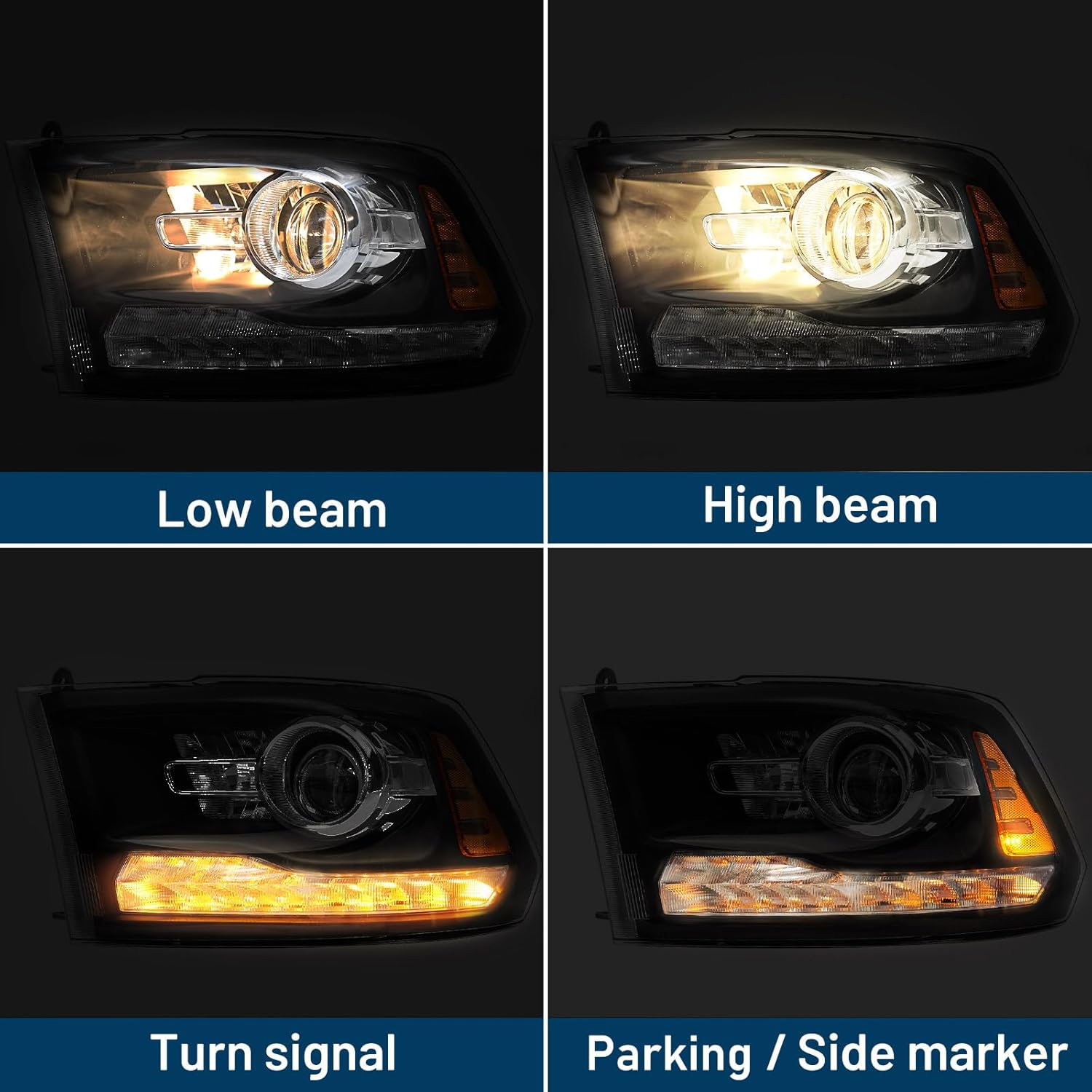 2013-2018 Halogen Headlight Compatible with Dodge Ram 1500 2500 3500 Projector Headlamp W/LED DRL Black Housing Left Driver Side LH