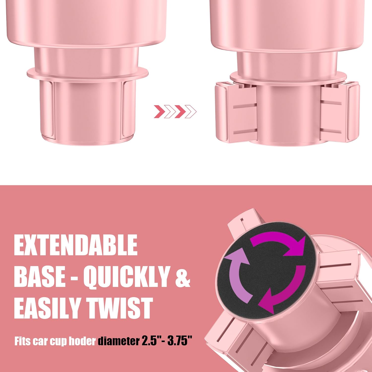 Condition photo showing New/Like New for upgraded car cup holder expander adapter with offset adjustable base, compatible with yeti 14/24/36/46oz ramblers, hydro flasks 32/40oz, other large bottles mugs in 3.5"-4.0", pink 1 pack large*1 pink