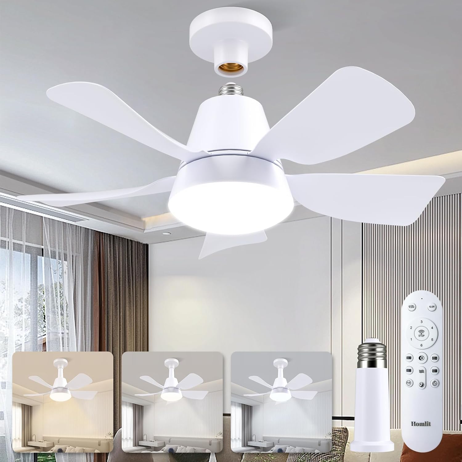 Photo 1 of *** SEE COMMENTS*** Homlit Socket Fan with Light and Remote, Socket Fan Light 3000K-6500K 3 Colors Dimmable, 5 Blades with Socket Extender,Portable Small Ceiling Fans for Bedroom, Garage, Kitchen, Living Room