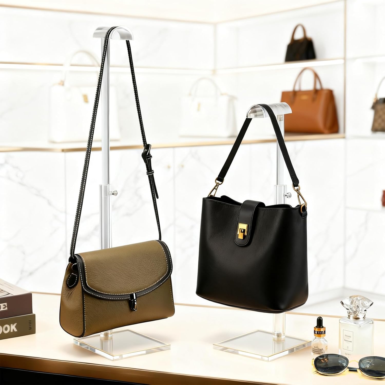 Adjustable Purse Display Stands and 6mm Thick Clear Acrylic Risers Display Stands