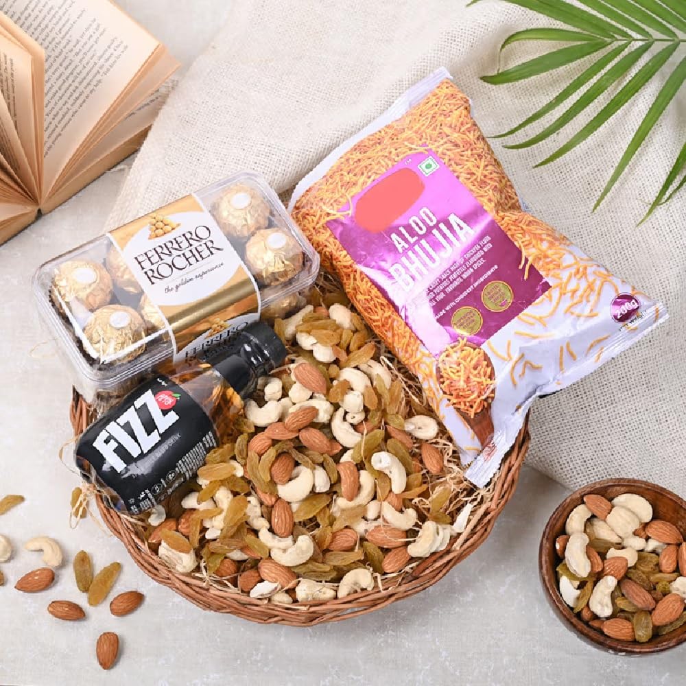 FlowerAura Decorative Premium Hamper Including 200g Aloo Bhujia, Appy Fizz, 16 Ferrero Rocher, 250g Mix Dry Fruits Gifts For Girlfriend, Boyfriend, Husband, Wife, Friends (Same Day Delivery) (B0CMQT849T) Amazon Price History, Amazon Price Tracker