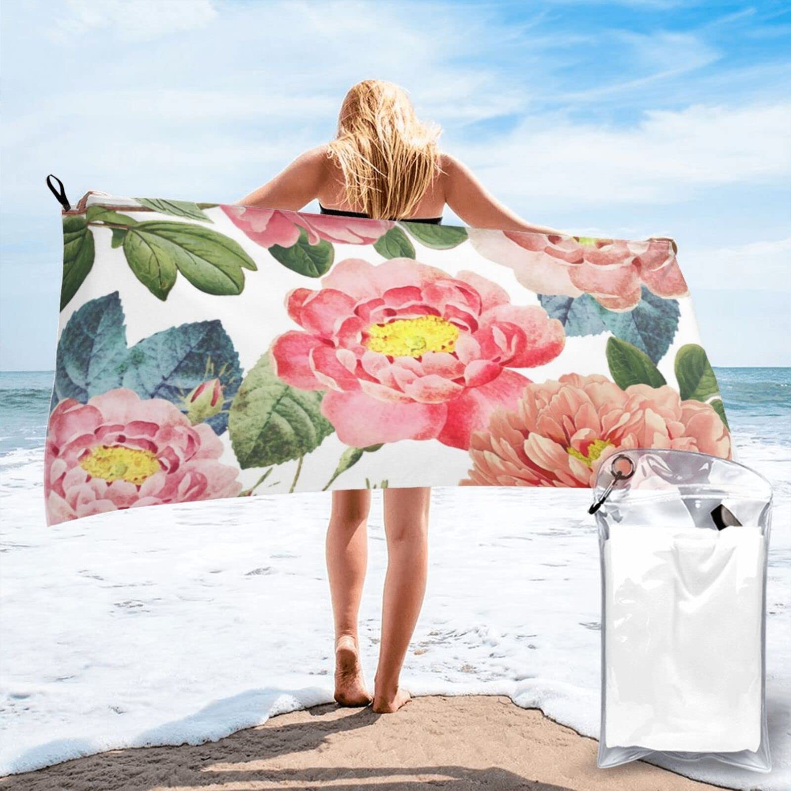 Lawenp Abstract Watercolor Peony Flower Microfiber Beach Towel Adults Large Quick Drying Bath Towel Travel Towels with Pouch 31.5"x63"