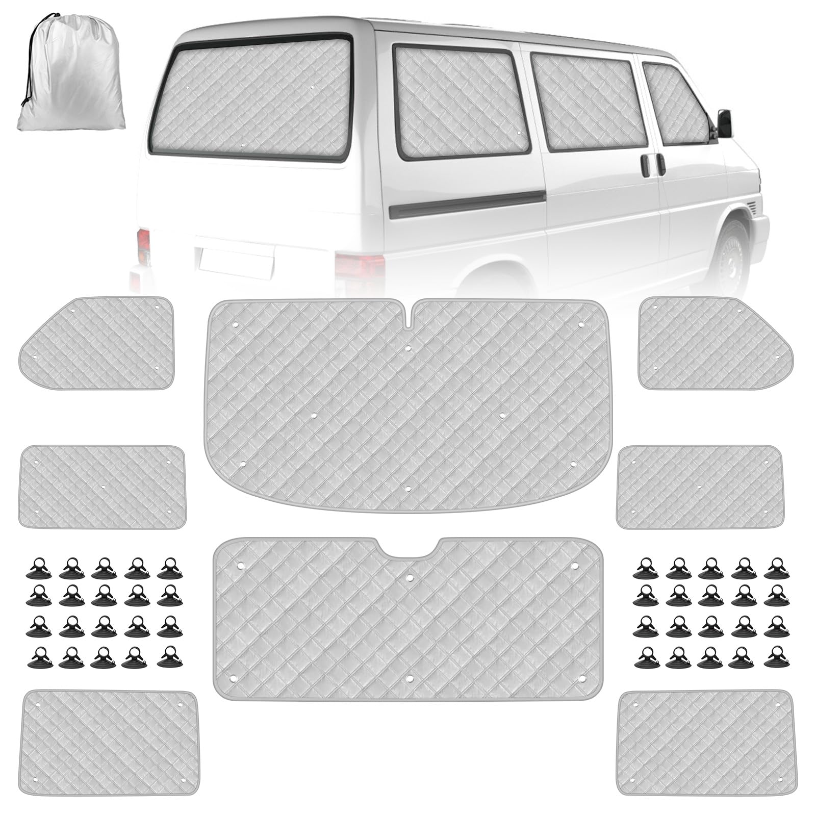 Pare-Soleil pour Pare-Brise Remplacement pour VW T4 SWB, Lot de 8 Réversibles Pare-Soleil Thermiques Internes avec Sac de Rangement, Ensemble de Vitres Avant, 100% Occlusion