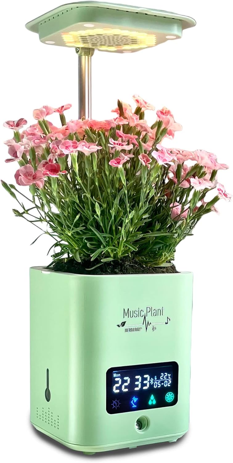 Herbaria Kit de Cultivo hidroponico Smart Garden - Music Plant huerto Interior Maceta Inteligente Altura austable conexión bluetooh multifunción con Radio y Lux Invernadero led orientables