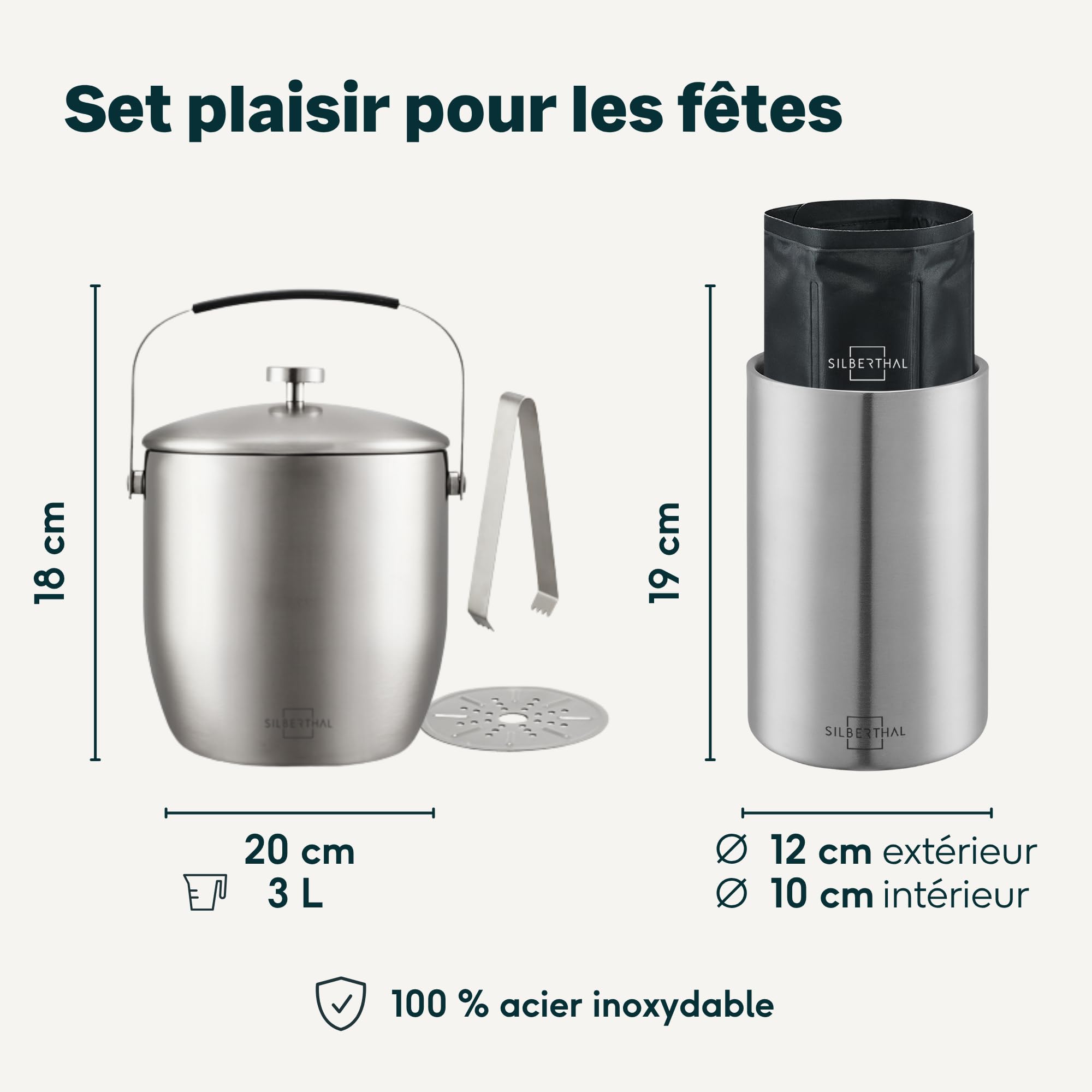 SILBERTHAL set refrigerazione vino in acciaio inox – glacette vino + secchiello ghiaccio 3L con pinza e coperchio – con 2 manicotti refrigeranti – accessori vino e bar