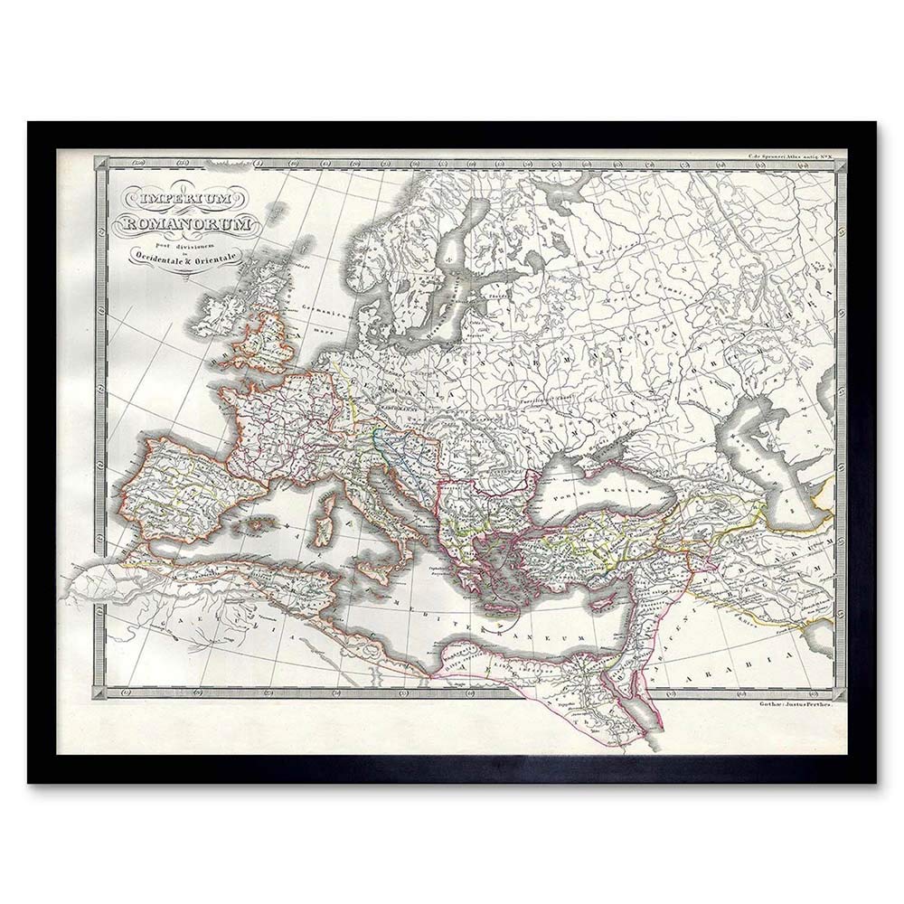 Wee Blue Coo Framed Black 1850 Map Roman Empire Divided East West Ancient Rome Art Print Framed Poster Wall Decor 12X16 Inch