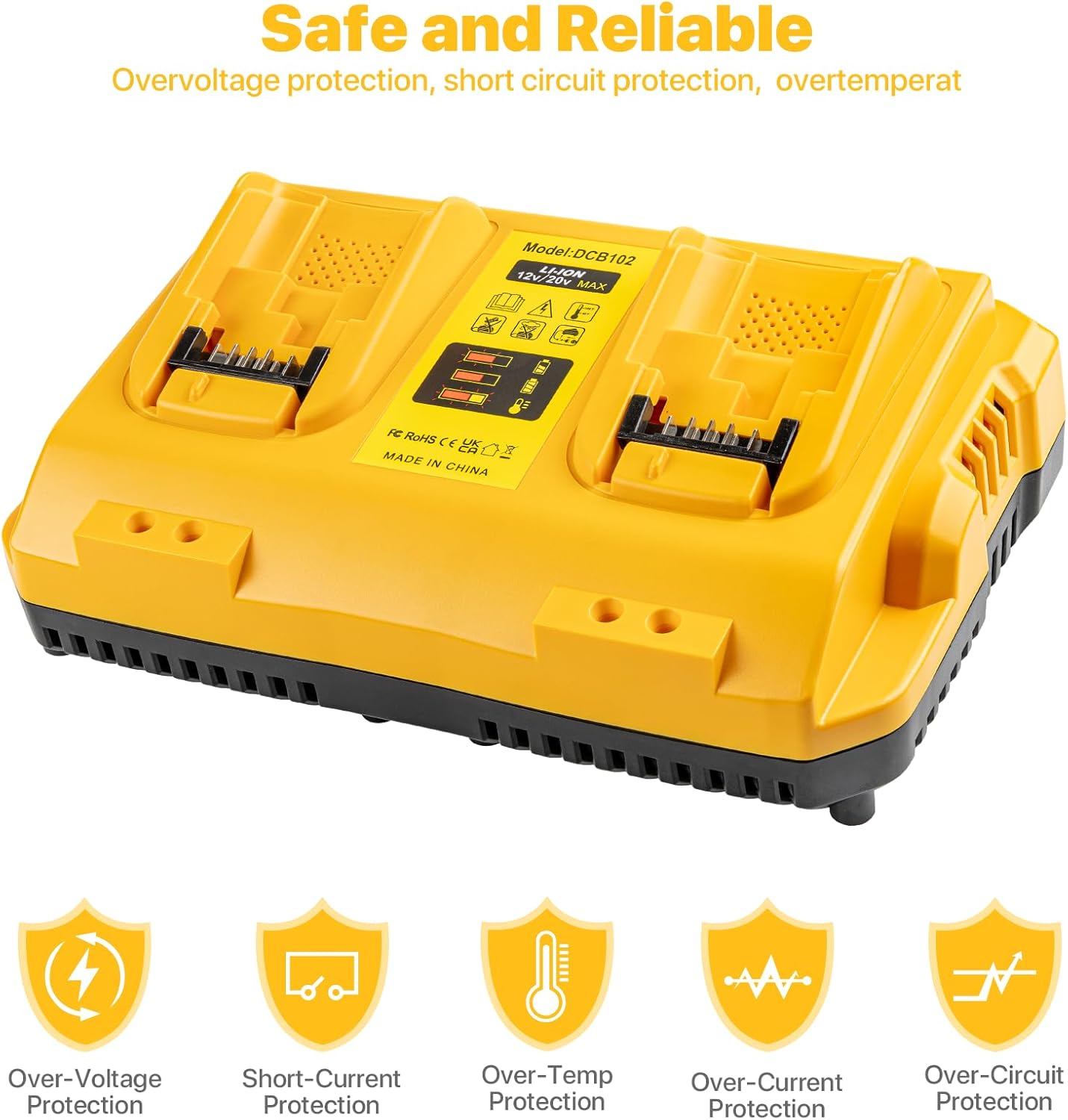 20V Replacement Charger for Dewalt DCB102 Dual Port Charger Compatible with Dewalt 12/20V Battery - Image 4
