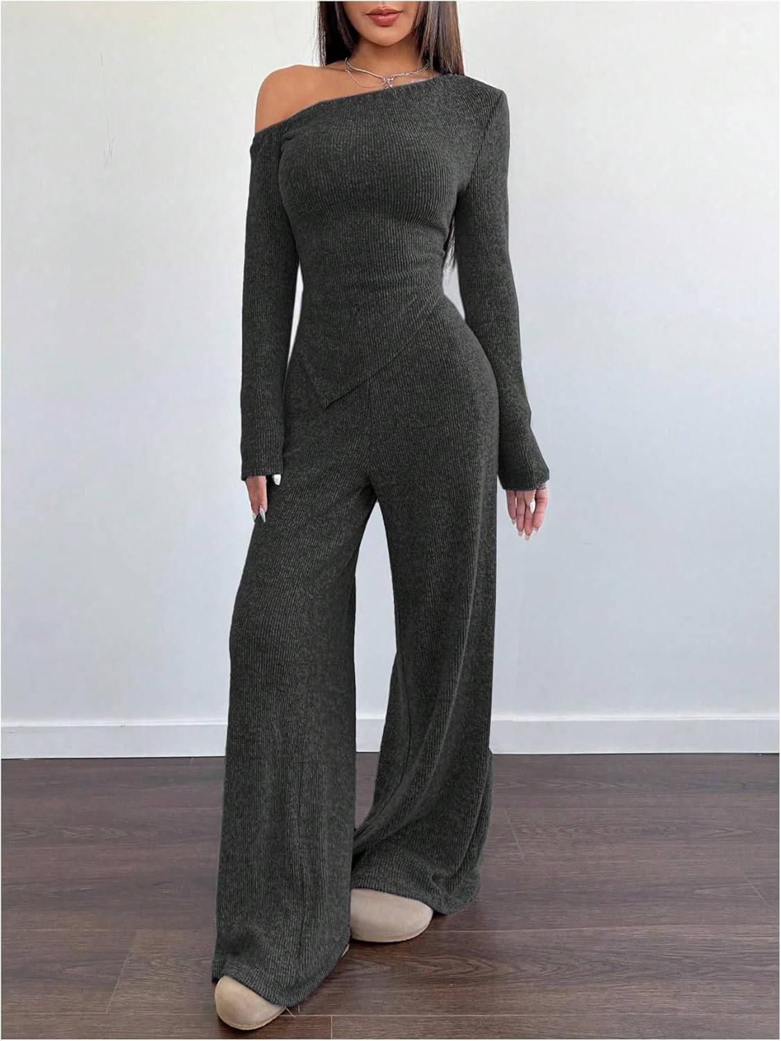 SweatyRocks Women's 2 Piece Outfits Off The Shoulder Long Sleeve Top and Wide Leg Pants Sets - Image 3