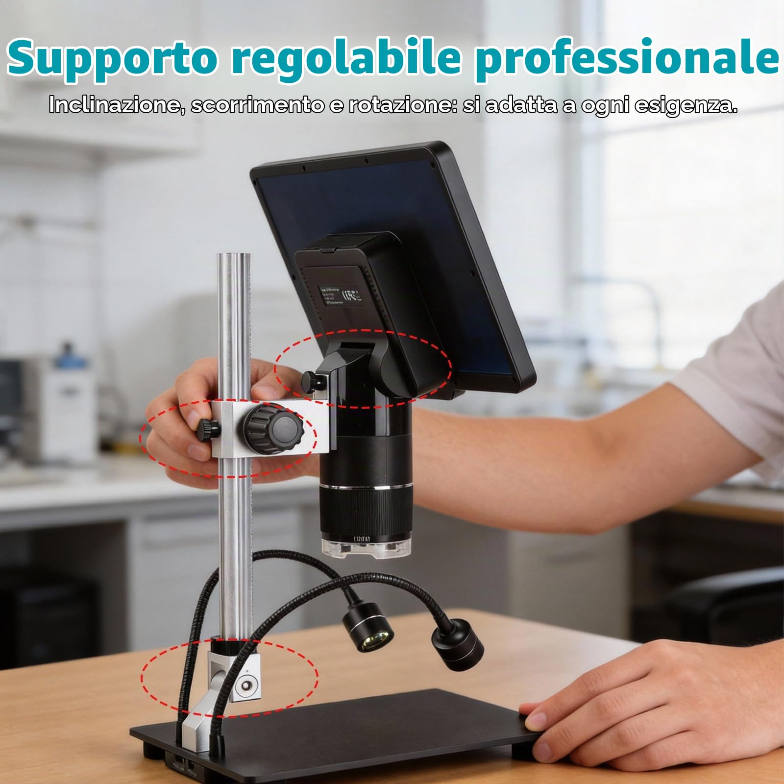 Microscopio digitale Pro con display IPS da 10,1 pollici, 3 obiettivi (1000X-2500X) per saldatura e biologia, fotocamera 2K, anello luminoso a 144 LED, HDMI/USB, 32 GB per bambini e professionisti
