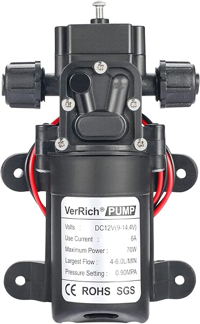 VerRich diaphragm pump 12V Water Pumps 70W Sprayer Pump Without Pressure Switch 6 L/Min 0.9MPA 131 PSI for RV Camper Marine Boat Garden