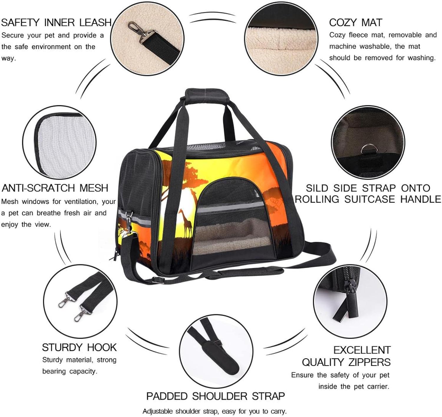 ペットキャリーバッグ ペットバッグ 小型犬 猫 手提げ キャリーバッグ お出かけ お散歩 避難グッズ,アフリカ サバンナ 夜