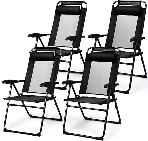 Tangkula Juego de 4 sillas de comedor plegables para patio, sillas de patio portátiles con respaldo ajustable de 7 niveles, reposacabezas
