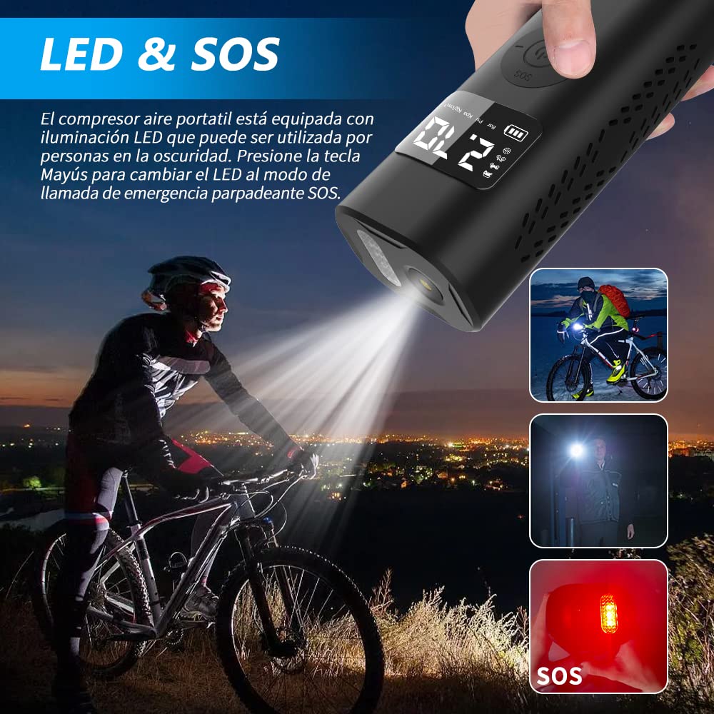 AWESAFE 7800mAh Compresor Aire Portatil 150PSI &Power Bank, Inflador Ruedas Coche con Pantalla LCD Digital y Linterna LED SOS, Bomba de Aire Bicicletas, Scooters, Moto, Coche, Pelotas