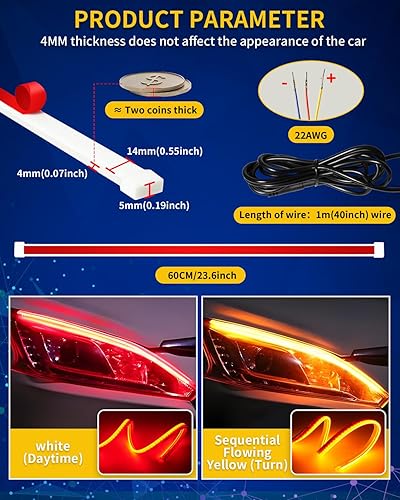 Miniatura 3 de DUOFU365 Tira de luz LED para faros delanteros, 2 tiras LED DRL flexibles impermeables de 24 pulgadas, DC 12 V, luz diurna súper brillante para