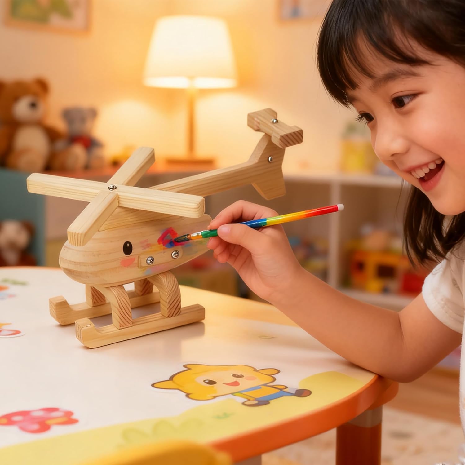 Easy Playhouse: Wood Building Toy Kit - DIY 3 Vehicle Projects: Helicopter, Truck & Excavator, 12 Paint Colors & 2 Brushes, Arts & Craft Set, Kids 8+