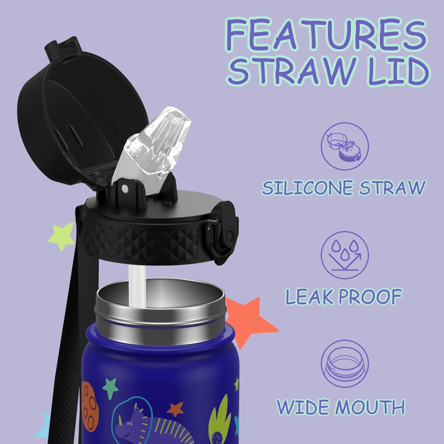 GOPPUS Kids Water Bottle (Straw Lid) - 14 Oz Stainless Steel Travel Bottle, Double Wall Vacuum Leak Proof Kids Cup for School Boys Girls,Blue Space dinosaur - Image 3