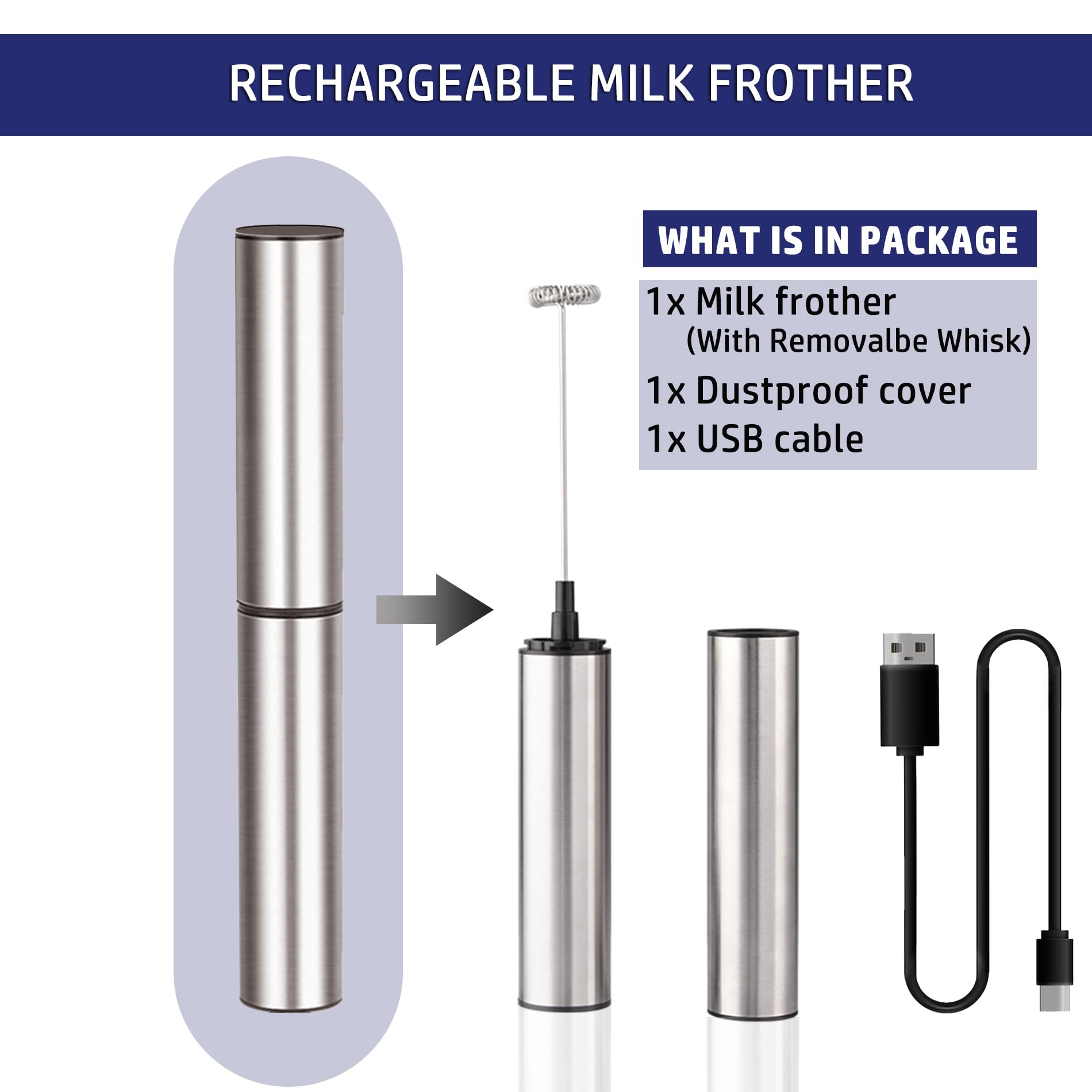 Montalatte portatile ricaricabile, potente montalatte portatile con creatore di schiuma di latte USB per caffè latte, cappuccino, moka, macchiato, frappe