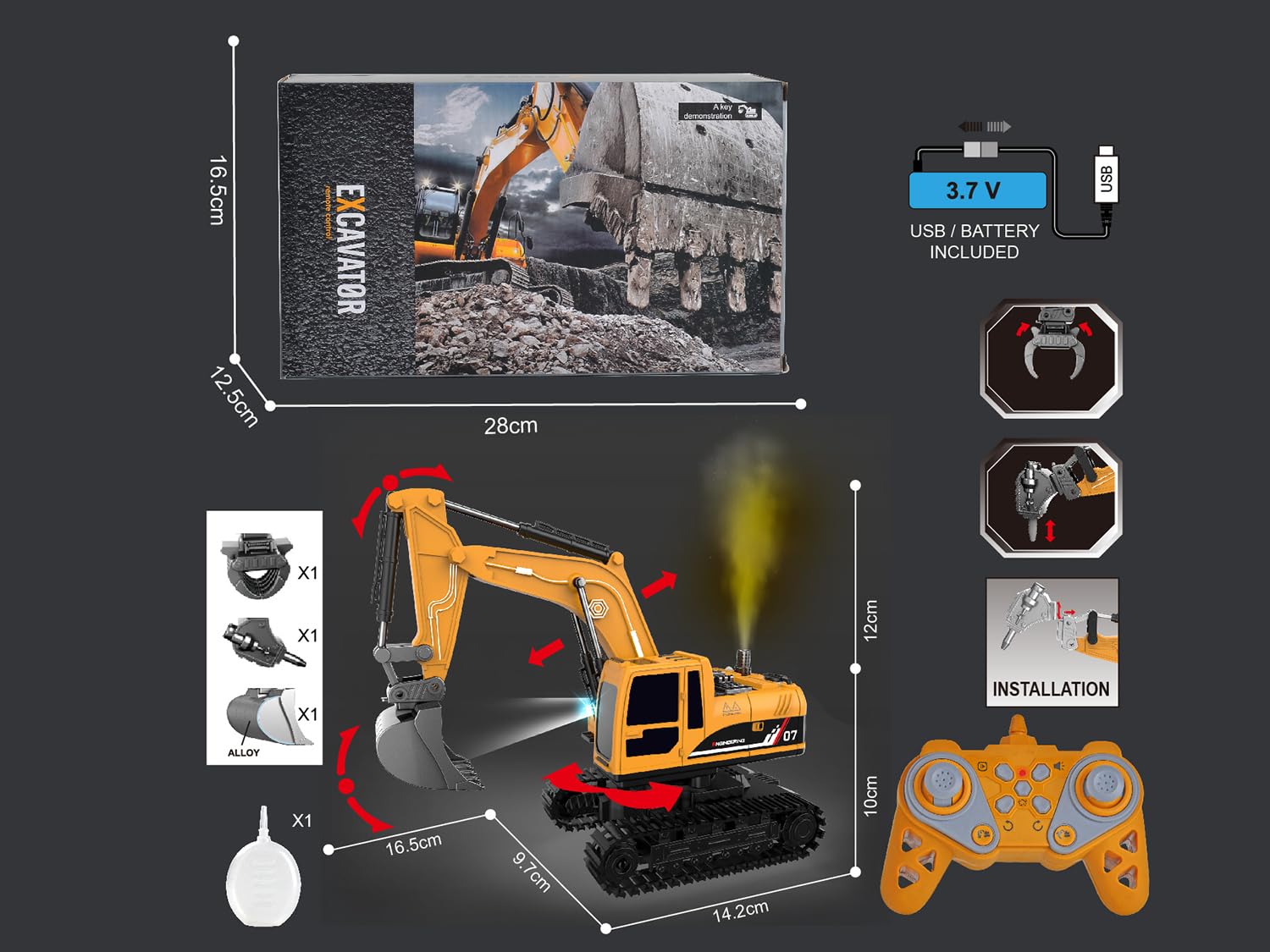 RareFind trove RC JCB Toy Excavator for Kids – 1:22 11-Channel Metal Remote Control Construction Vehicle with Lights, Sounds & 360° Rotation Yellow Digger Truck (Ages 6–12) 2