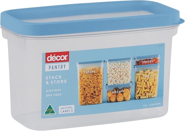 Decor Pantry Stack & Store Oblong Airtight Food Storage Container With Easy Peelable Lid Stackable Pantry Storage Containers & Food Storage Labels - Clear / Blue | 1.2L