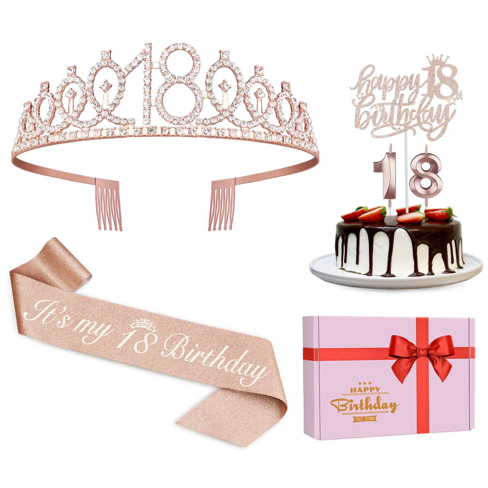 18th Birthday Decorations for Girls, Including Sash, Crown/Tiara, Candles, Cake Topper, 18th Birthday Gifts for Girls, Rose Gold Party Decor Supplies