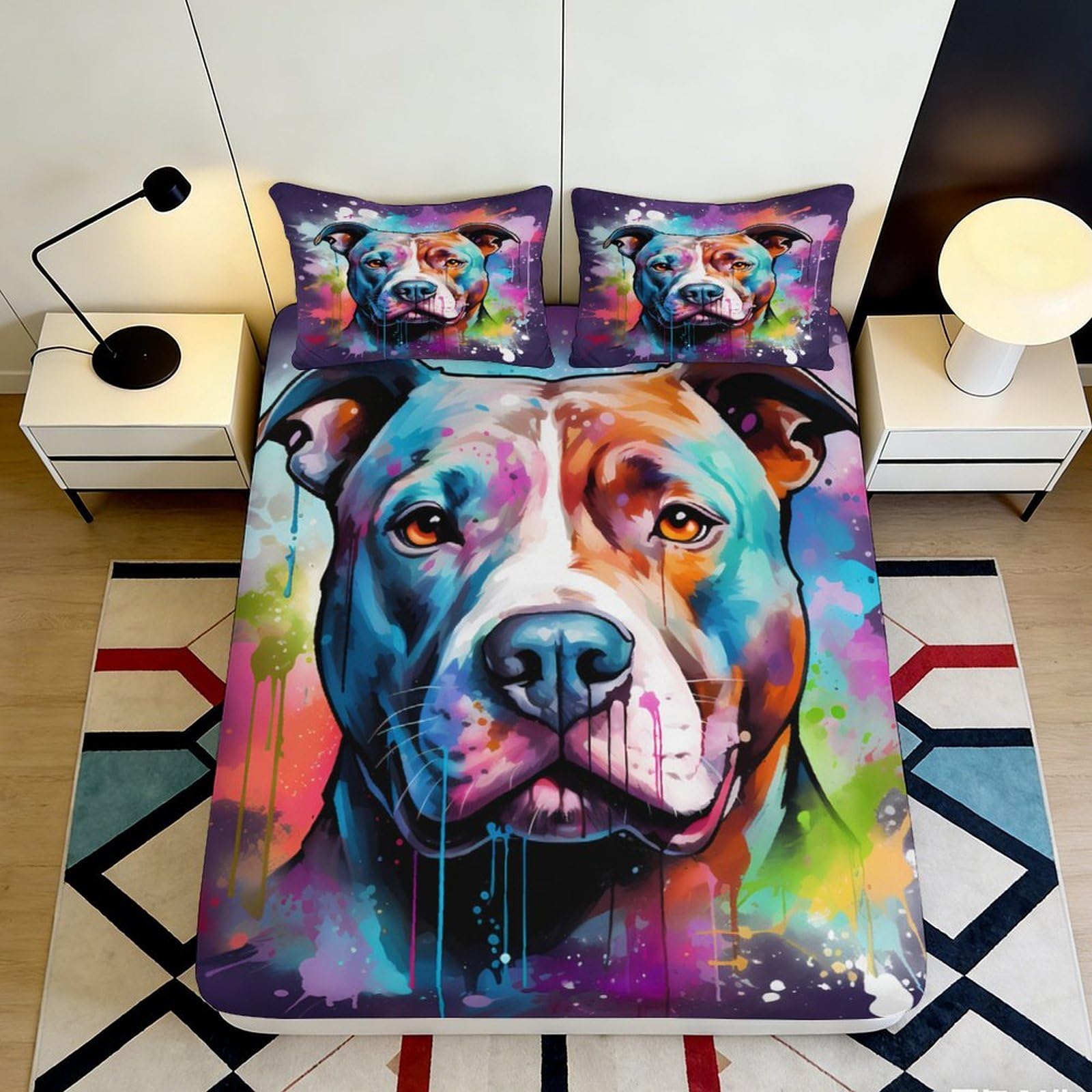 3D Printed Colorful Dog Fitted Sheet Microfiber Deep Pocket Bedroom Bedding Non-Slip Machine Washable Dog Mattress Fitted Cover 140x200x25cm