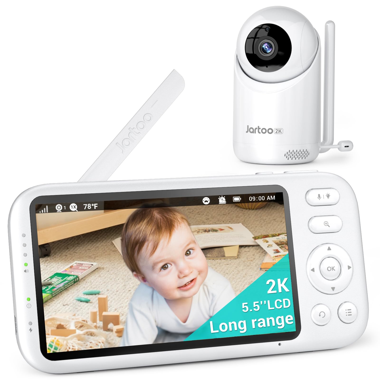 Jartoo 2K Video Baby Monitor with Camera and Audio, Long Range Baby Monitor No WiFi 5.5" FHD Screen ANC Baby Camera Wireless, Feeding Clock, Night Vision, 2-Way Talk, AI Cry Detect, 6000mAh