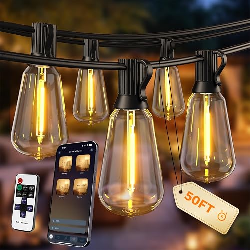 Outdoor String Lights, 50FT Patio Lights for Outside, Smart App & Remote Control with Timer, Dimmable with 4 Scene Modes, Warm White Waterproof LED Bulbs for Garden, Yard and Backyard Decor