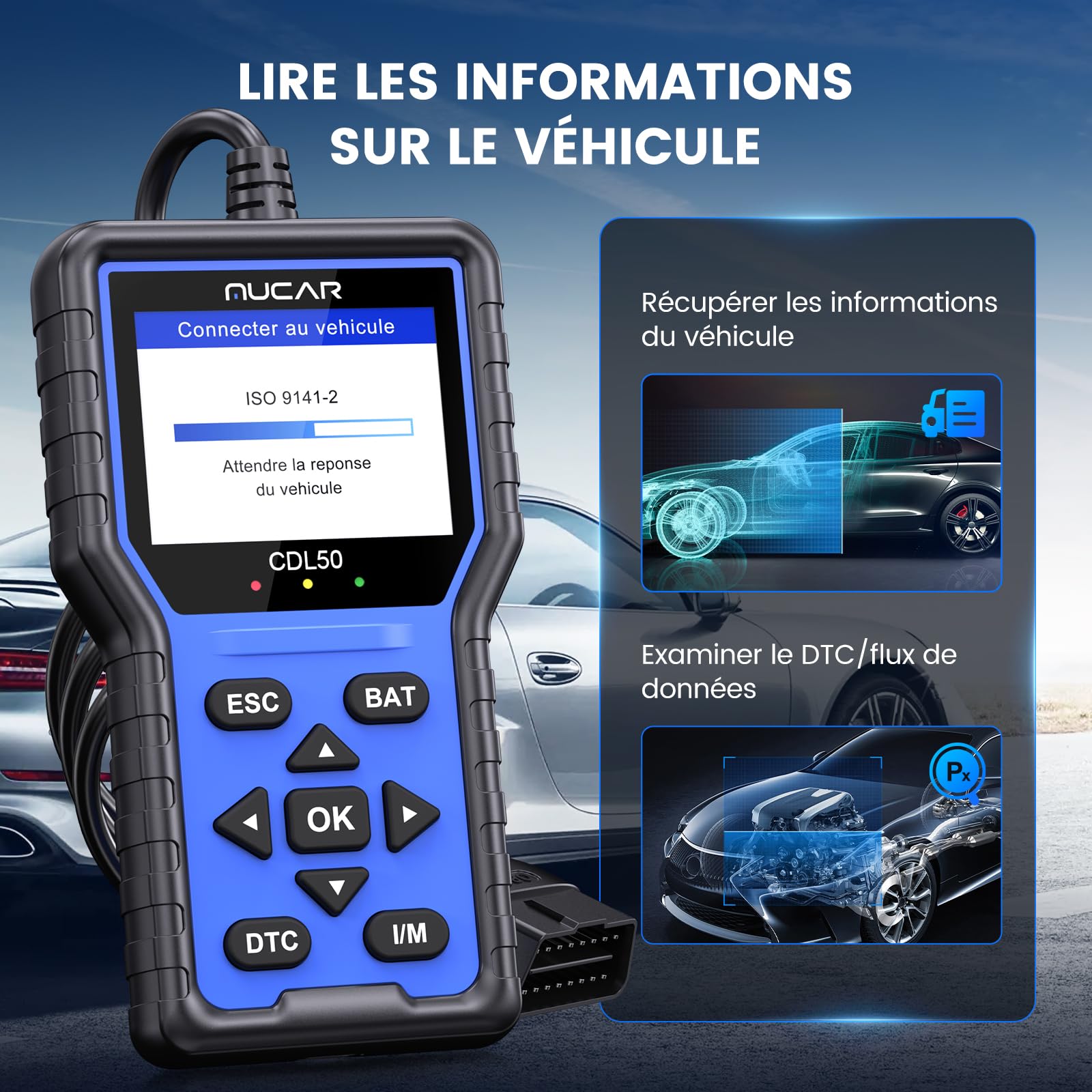 mucar Valise Diagnostic Auto, CDL50 OBD2 Diagnostic Français, OBD2 Scanner Universel Lecteur de Code d'erreur de Moteur (MUCAR-CDL50)