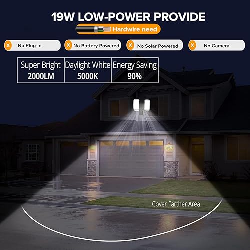 Miniatura 2 de UME - Luz LED de 19 W con sensor de movimiento para inundación al aire libre, 2 cabezales ajustables, 2000 lm, 5000 K, impermeable IP65, luz