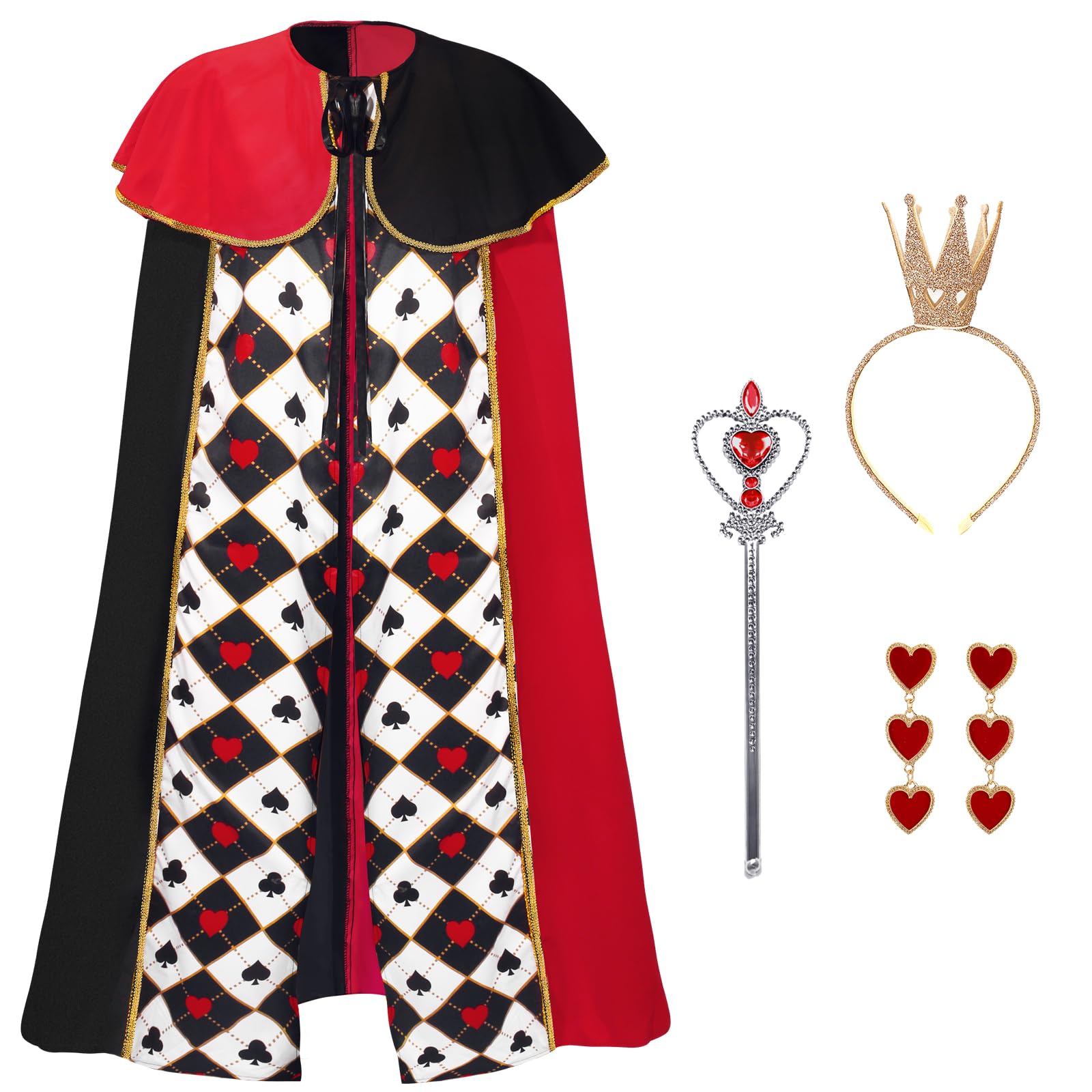Disfraz de reina para mujer, 4 piezas, cabo, corazón, corona, aretes de corazón, para fiesta temática de carnaval cumpleaños