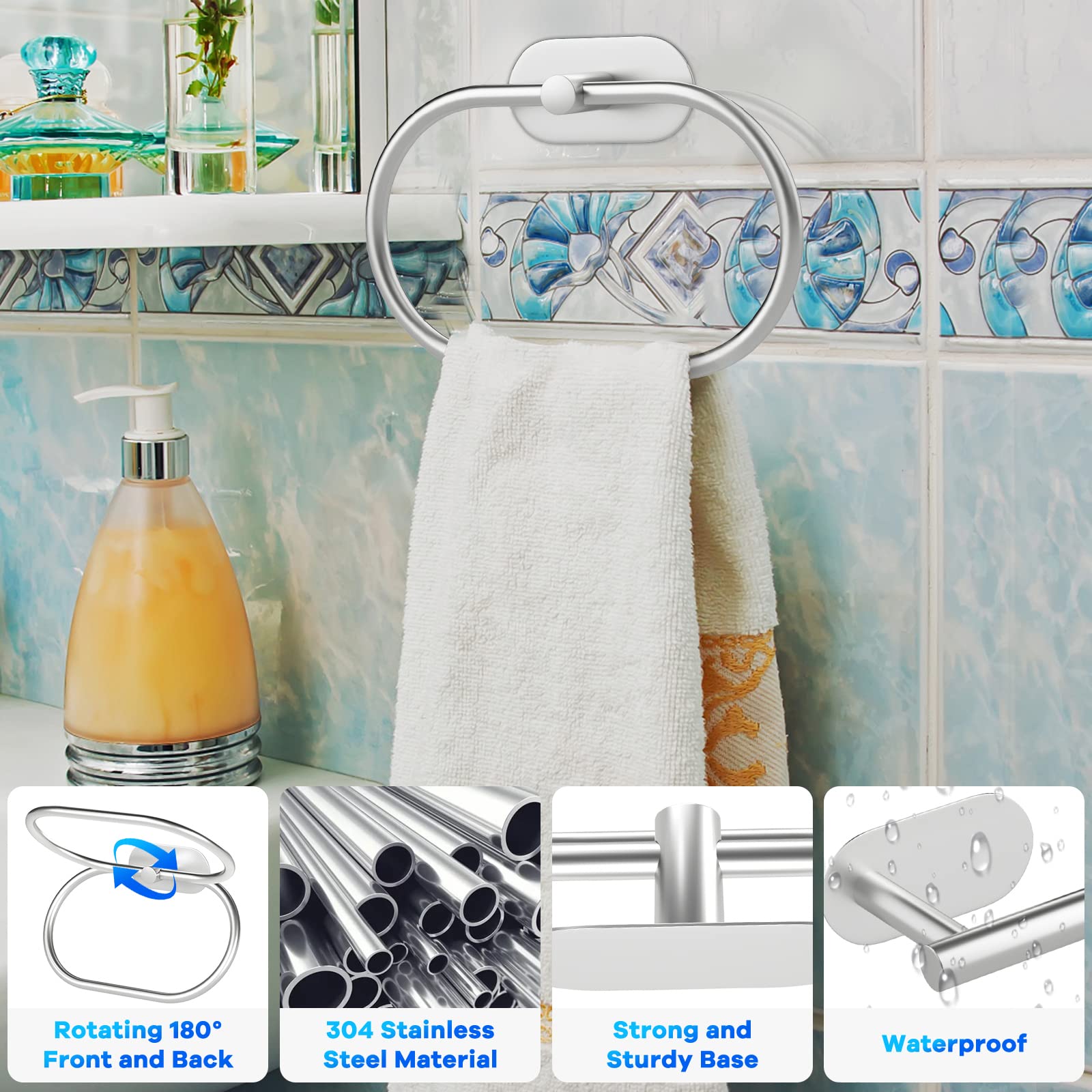 Juego de Accesorios de baño de 5 Piezas - Toalleros de Baño Anillo de Toalla Portarrollos para Papel Higién (Plata)