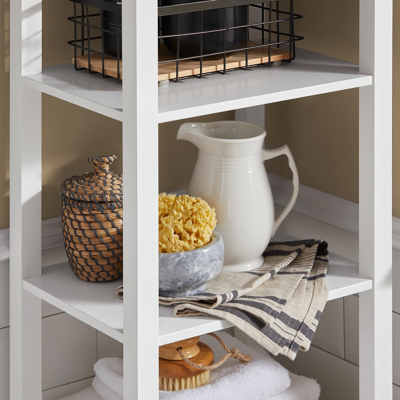 SoBuy Mobile Bagno Alto e Stretto Salvaspazio con Ripiani Aperti e Anta a Doghe – Colonna Bagno da Terra in MDF, Armadietto Moderno per WC o Lavanderia – Bianco/Naturale, 160x40x30 cm, BZR43-W