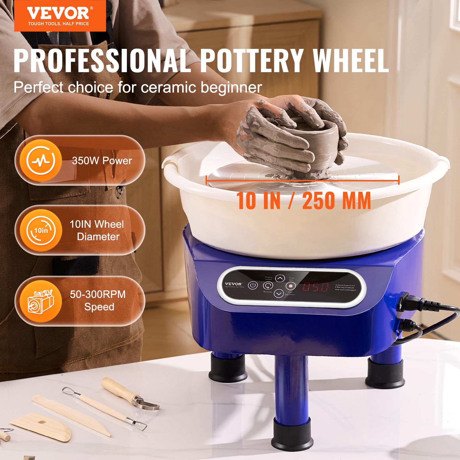 VEVOR Elektrische pottenbakkersmachine, 280 mm, 350 W, met pedaal, touchscreen, LCD, mini-pottenbakkersdraaibank met 4 steunpoten, snelheidsbereik van 50-300 omw/min, voor keramische handwerk, blauw VEVOR Elektrische pottenbakkersmachine, 280 mm, 350 W, met pedaal, touchscreen, LCD, mini-pottenbakkersdraaibank met 4 steunpoten, snelheidsbereik van 50-300 omw/min, voor keramische handwerk, blauw