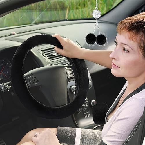 Miniatura 4 de Frienda 6 Pieces Fluffy Car Accessories Set Bling Fluffy Steering Wheel Cover Soft Fuzz Handbrake Gear Shift Cover Bling Mirror Fuzz Car Pad