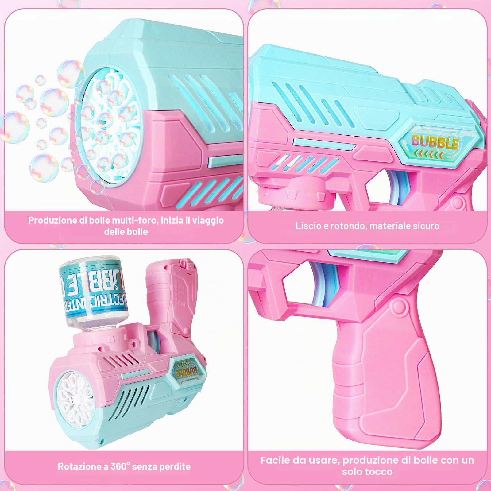 Pistola Bolle di Sapone, Sparabolle di Sapone - Set da 2 Pezzi - 20 Confezioni di Liquido per Bolle, Design a Colori con Giunzioni, con Luce LED, Completamente Automatico
