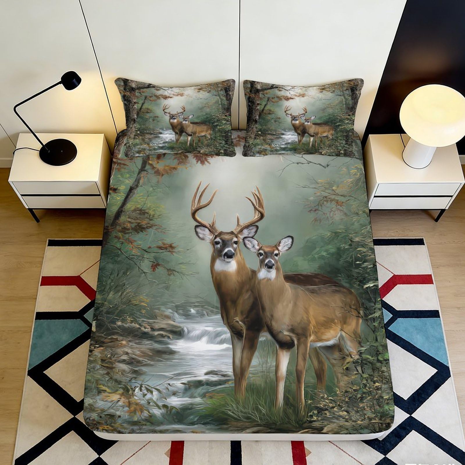 3D Printed Forest Deer Fitted Sheet Microfiber Soft Green Woodland Stream Bed Sheet for Bedroom Decor Mattress Cover 90x200x25cm