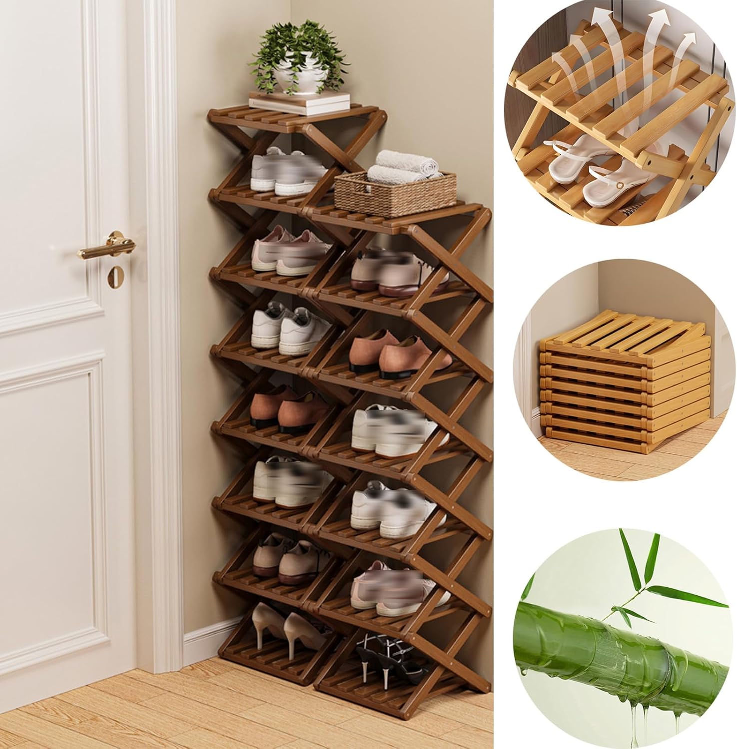 9-Tier Bamboo Shoe Rack No Assembly Required-Foldable Vertical Shoe Organizer for Entryway & Closets,Space-Saving Narrow Shoe Shelf Holds 14-18 Pairs,Tall Wooden Shoe Tower for Small Spaces (9Tier,A)