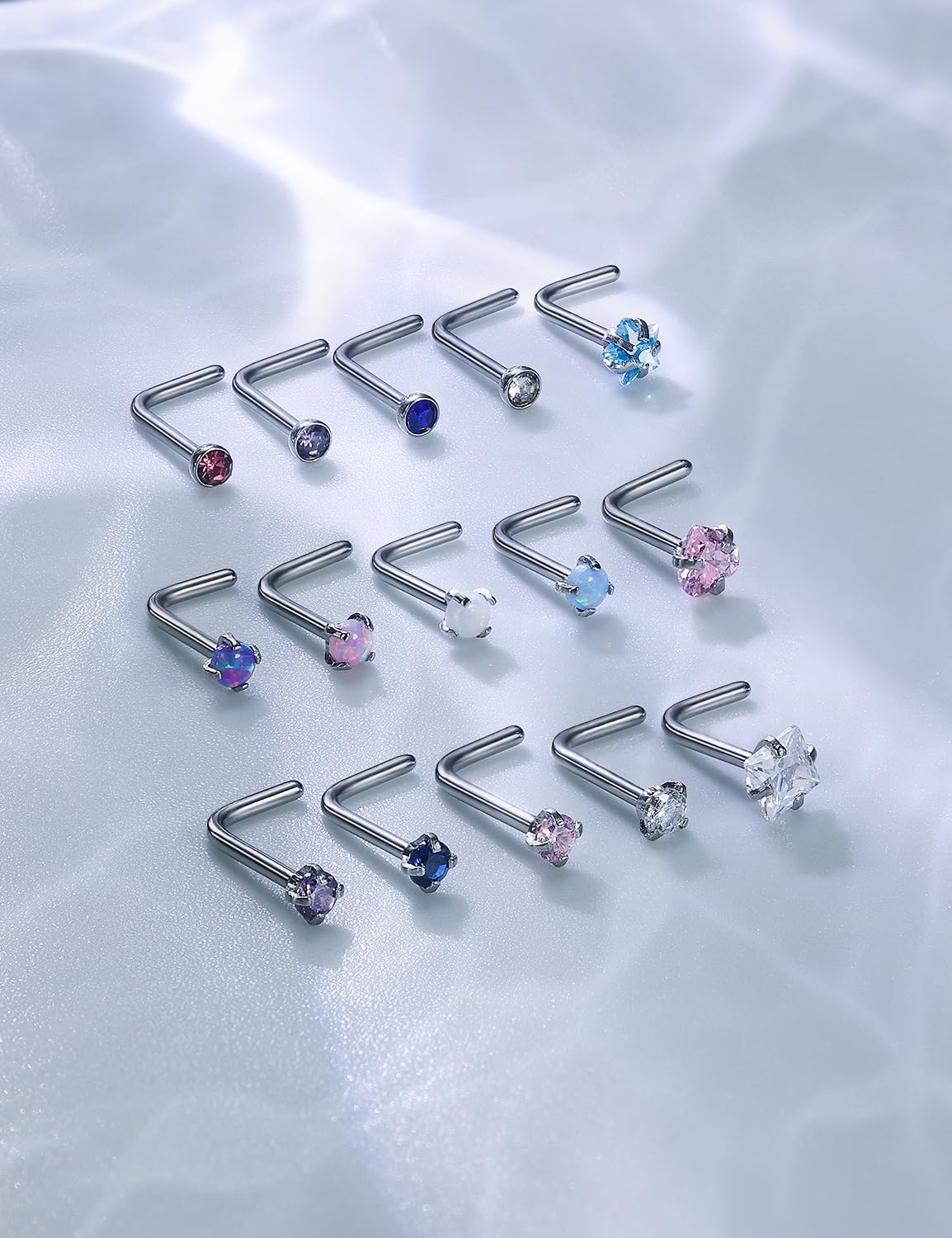 15 Pcs 18G 20G Surgical Steel Nose Rings Studs for Women Opal Nose Rings Diamond CZ Nose Studs L Shaped Nose Nostril Piercing Jewelry Hypoallergenic - Image 6
