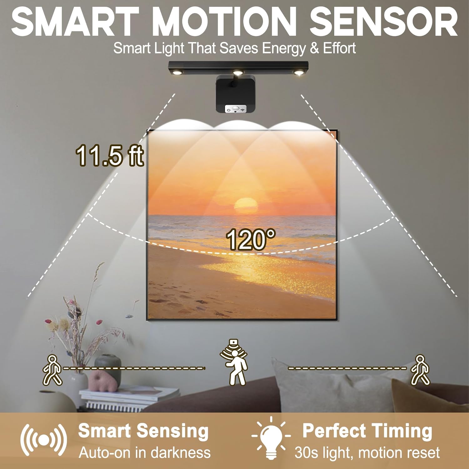 FluSing Motion Sensor Wireless Picture Lights for Wall, Dimmable Battery Operated Picture Light with Timer, Extendable Painting Light with Remote, 3 Color Temp, Rotatable Wall Art Light for Paintings