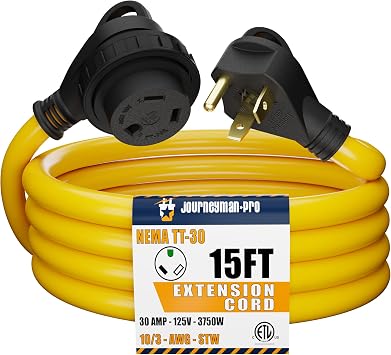 Journeyman-Pro 30A RV Power Extension Cord TT30 Locking Female Safety Yellow, Black Grip Handle w/Power Indicator - 15, 25, 50 Feet Length 125V - 30 AMP, TT-30P to TT-30RTwist Lock 15 Feet