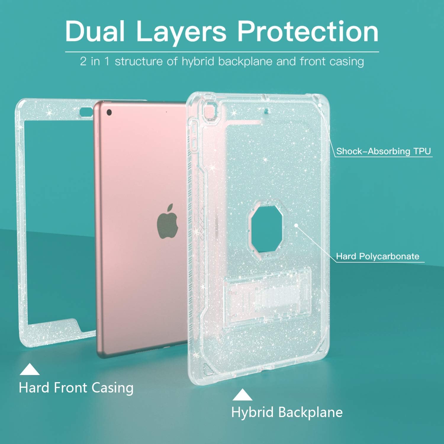 Grifobes iPad 9th Generation Case, iPad 8th 7th Generation 10.2 Case 2021/2020/2019, Clear Glitter Dual Layer Hybrid Protective iPad Cover with Built-in Kickstand for Apple iPad 9/8/7 10.2 Inch