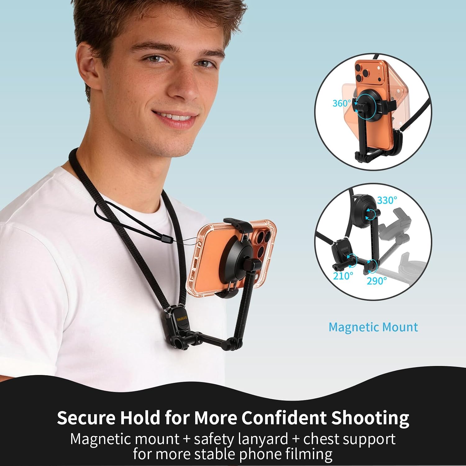 Neck Phone Holder, 2-in-1 Magnetic & Clip-on POV Phone Holder with 1.5m Extended Chest Strap, Hands-Free Phone Chest Mount for Vlogging, Hiking, Cooking, Compatible with iPhone 17-12 Series