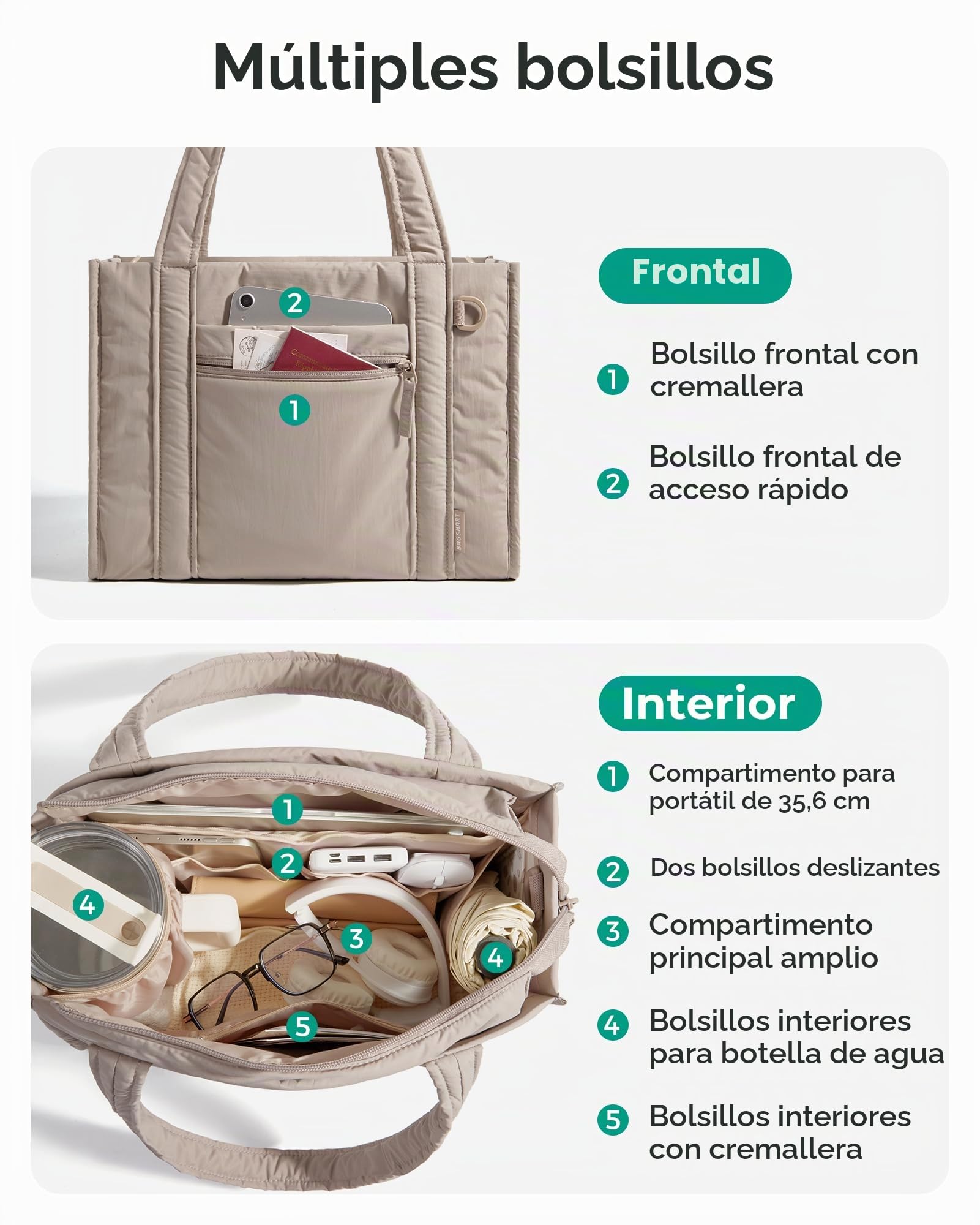 bagsmart Bolso de mano de mujer con cremallera, bolso de hombro ligero pequeño para trabajo, escuela, viajes