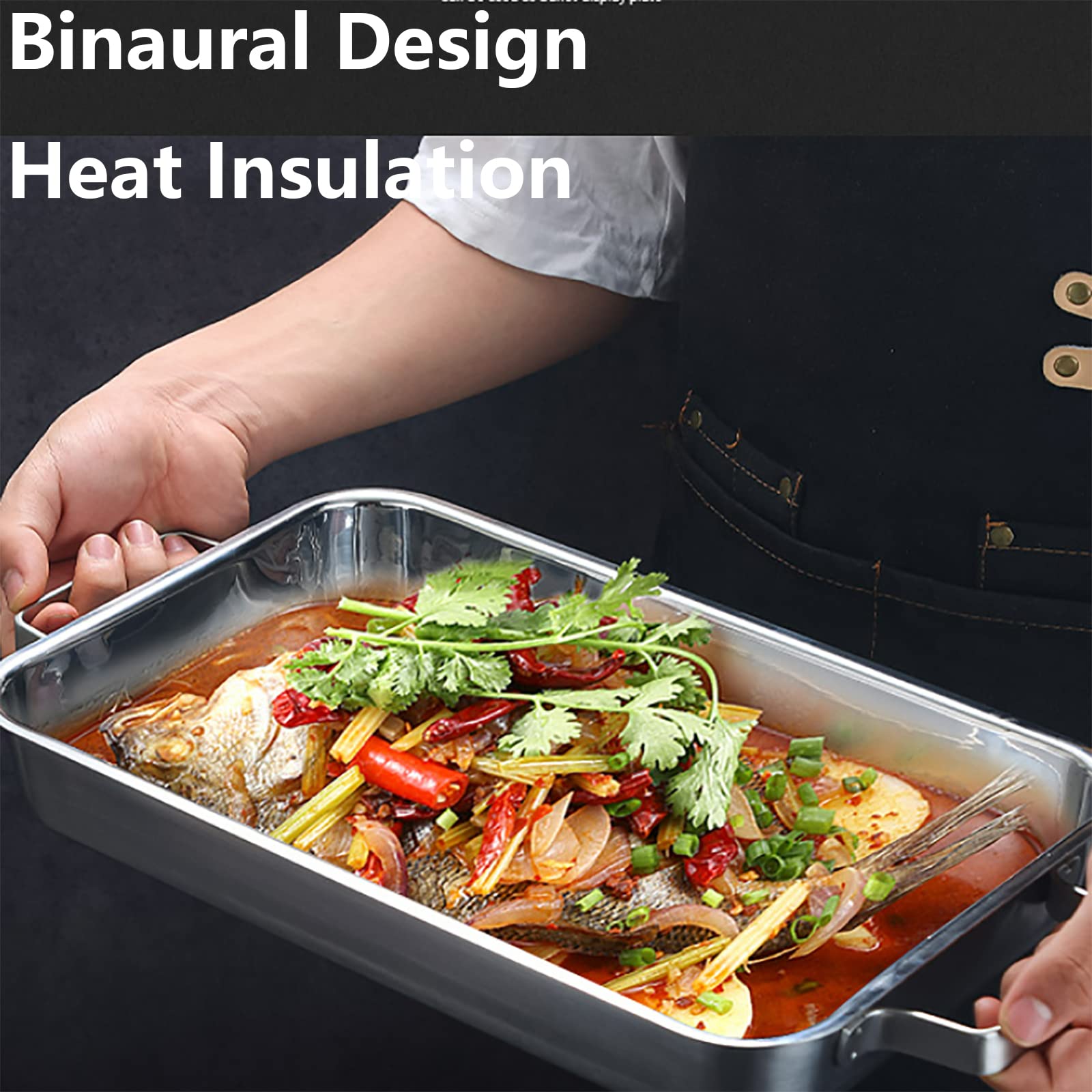 Teglia da Forno in Acciaio Inossidabile 360, Teglie da Forno Rettangolari Antiaderenti con Design Binaurale E Finitura a Specchio,Facile da Pulire, per La Casa Hotel, Ristorante, Barbecue