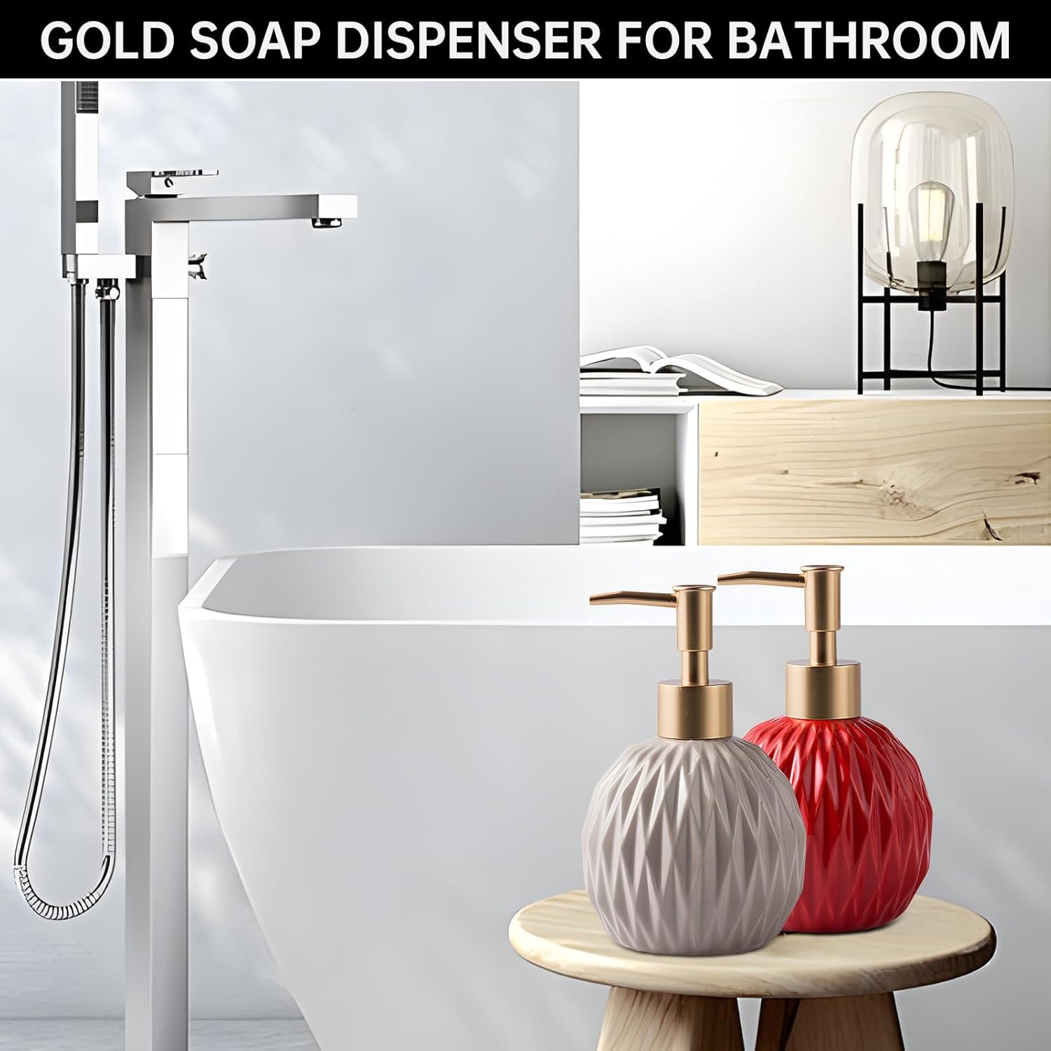 Ceramics Gold Soap Dispenser for Bathroom, Relief Soap Dispenser for Kitchen Sink, 400ml/13.5Oz Refillable Liquid Hand Soap Bottle with Gold Pump (Khaki). - Image 4