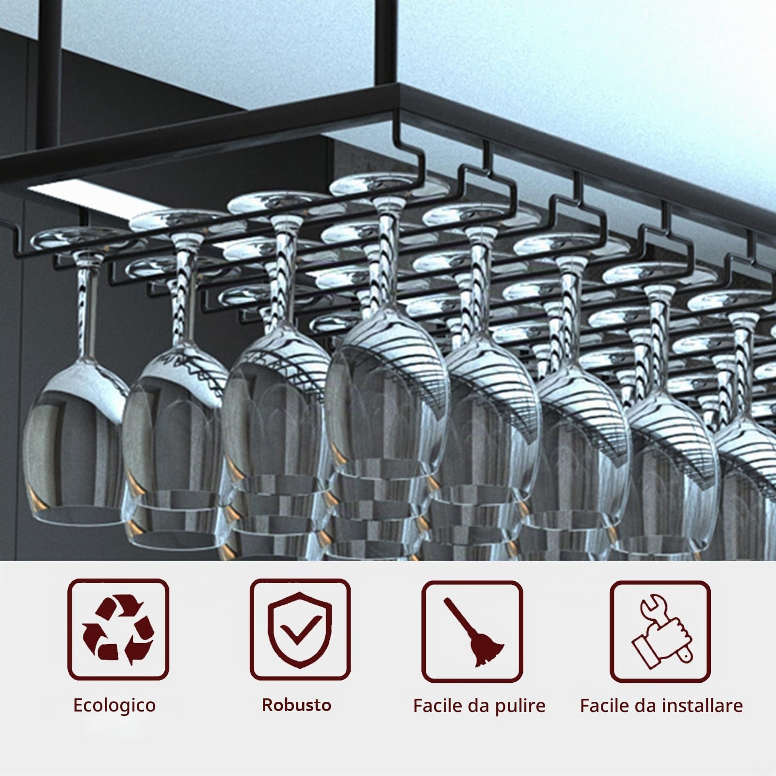 Mensole Sospese Soffitto Alto 30-60cm Regolable Nero 120cm | Portabicchieri Sospeso Metallo, Porta Calici Sospesi Salvaspazio per Sala da Pranzo Home Bar/ Cucina (bk, 120x40x(30-60) cm)