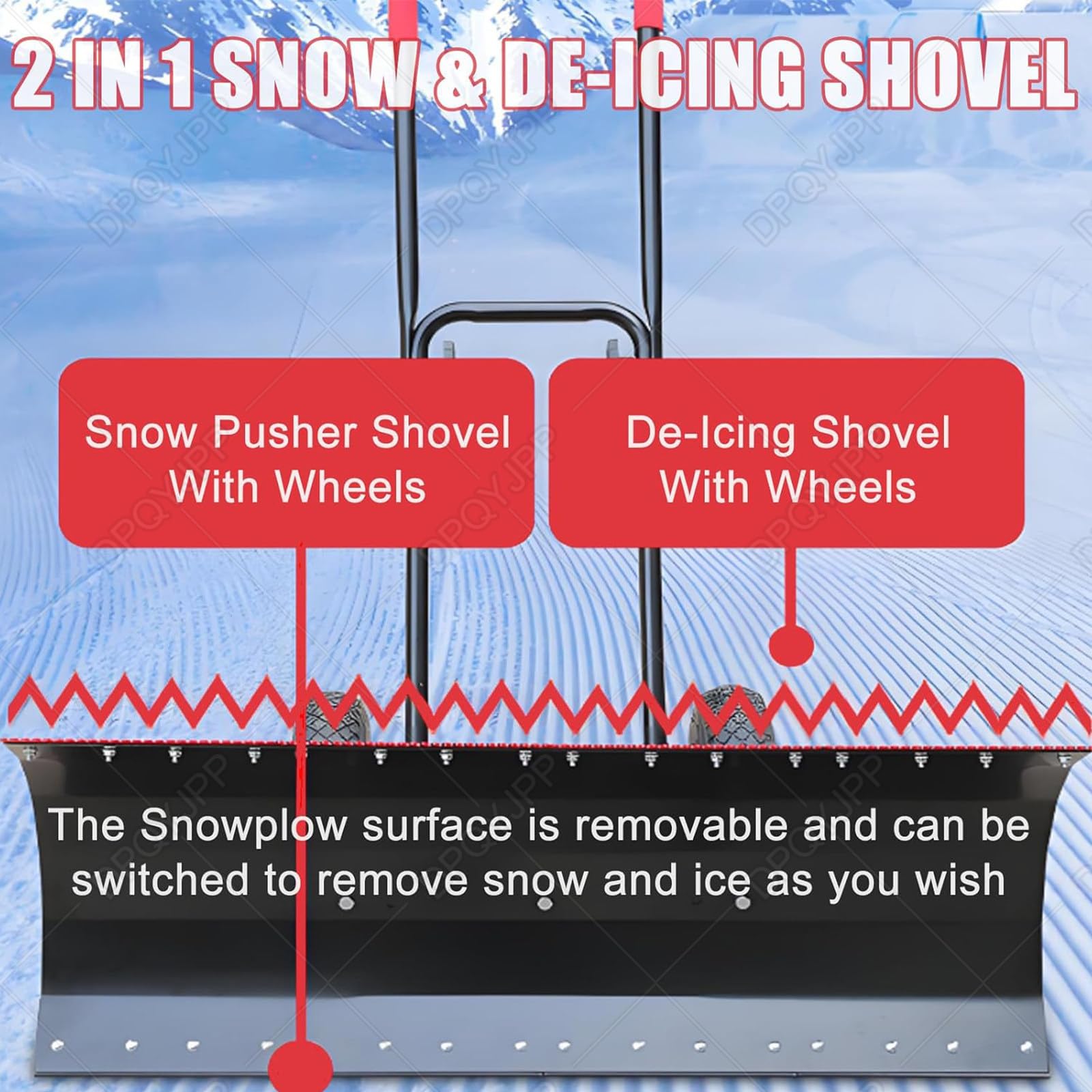 Pala de nieve para entrada, pala de empuje de 42 cm con ruedas antideslizantes, empujador de nieve ajustable de 360° para pasarela y herramienta de eliminación de hielo